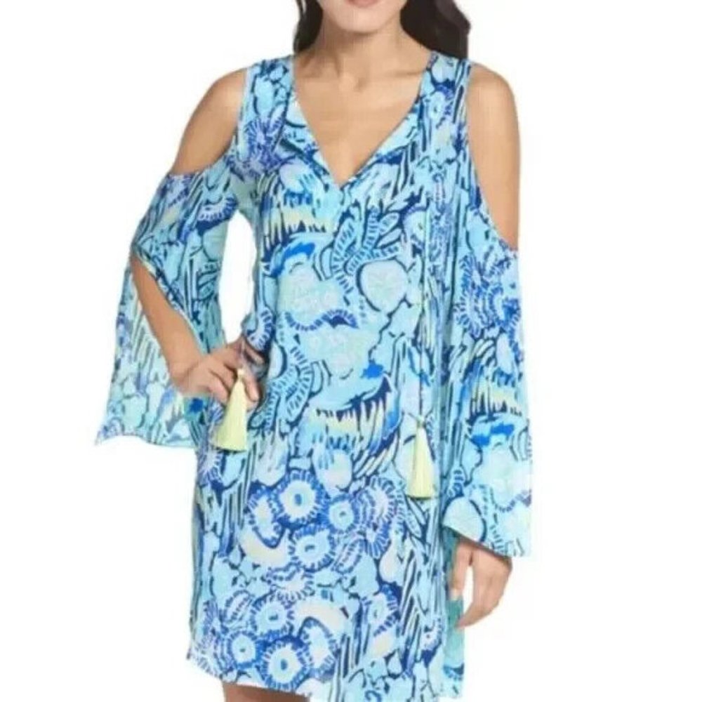 Lilly Pulitzer Benicia Dress XXS Blue‎ Tunic Cold Shoulder Slit Sleeve Tassel